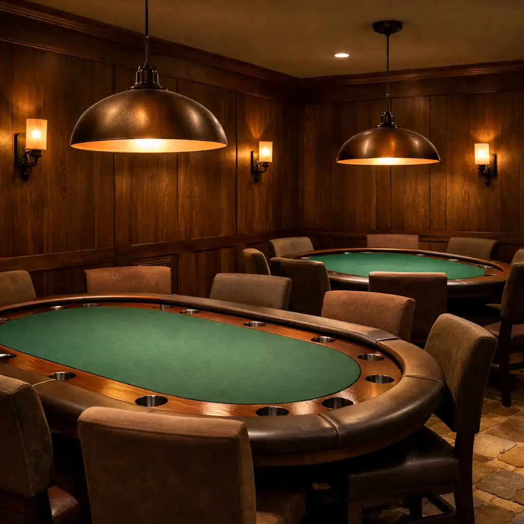 Wnętrze Poker Room z dwoma stołami i ciepłym oświetleniem