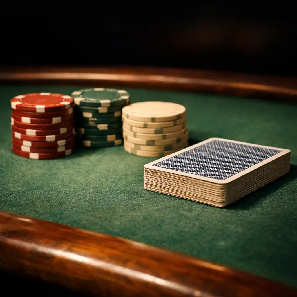 Detal profesjonalnego stołu pokerowego z żetonami i kartami