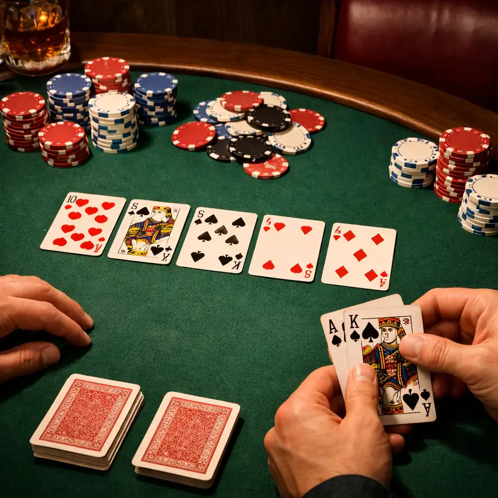 Stół pokerowy z kartami i żetonami w Poker Room DWORPRZYLESIE