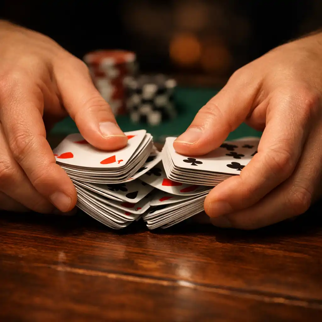 Dłonie tasujące karty na ciemnym drewnianym stole pokerowym