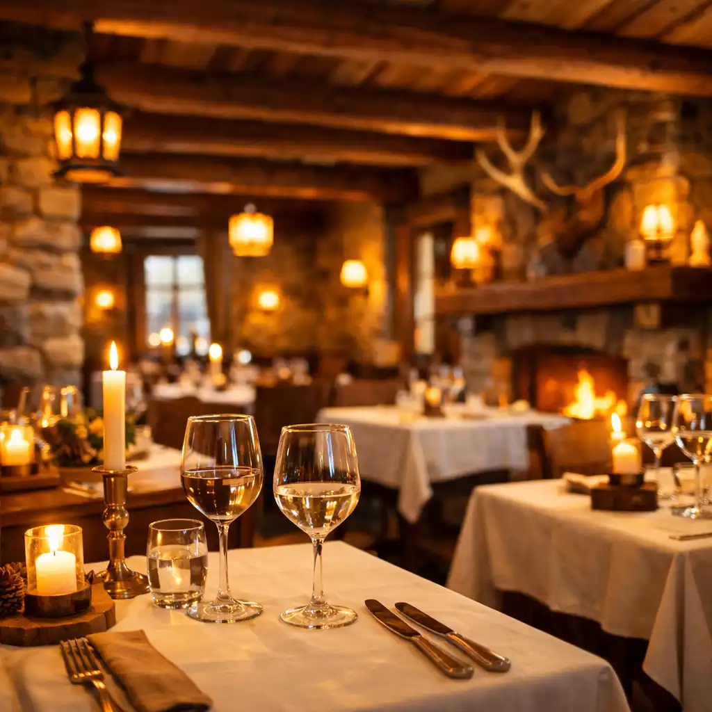 Wnętrze restauracji DWORPRZYLESIE z ciepłym światłem lamp, drewnianymi belkami i nakrytymi stolikami