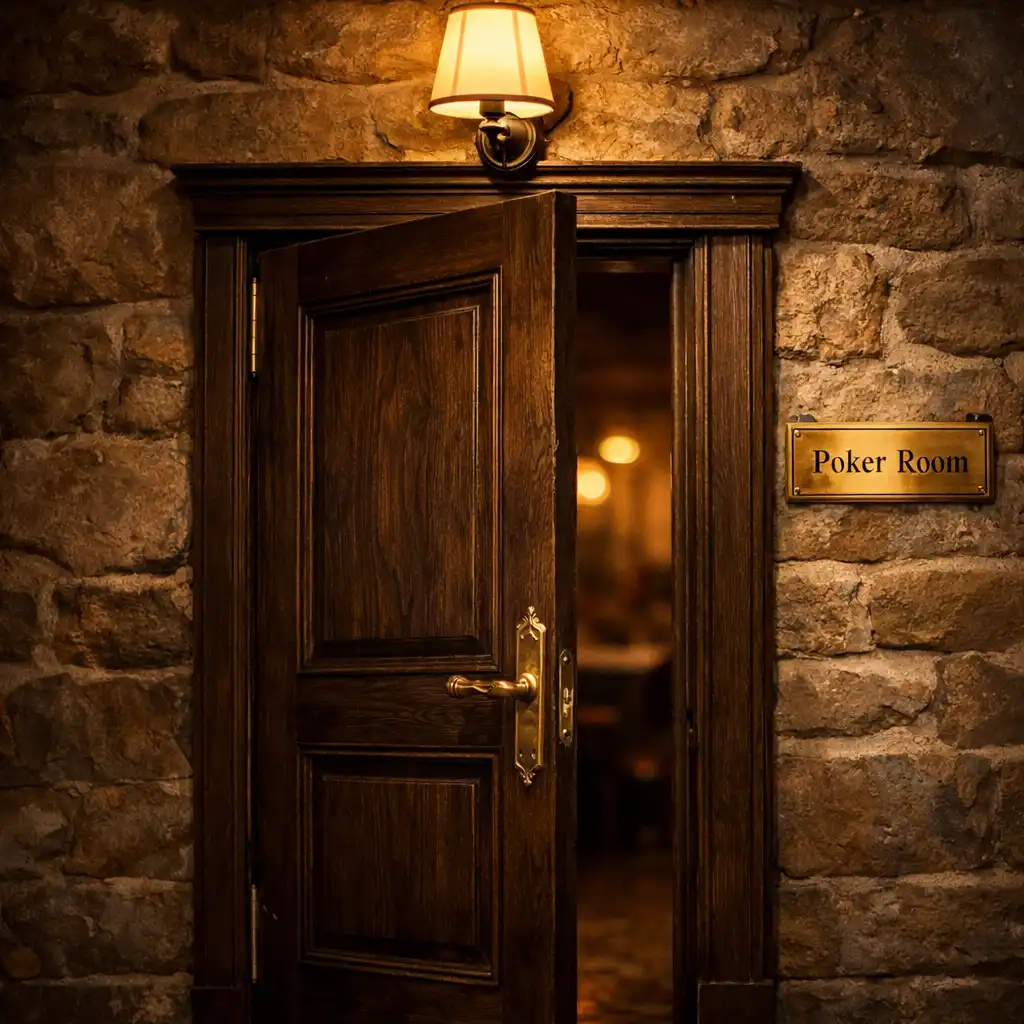 Wejście do Poker Room z ciemnymi drzwiami, mosiężną tabliczką i lampą