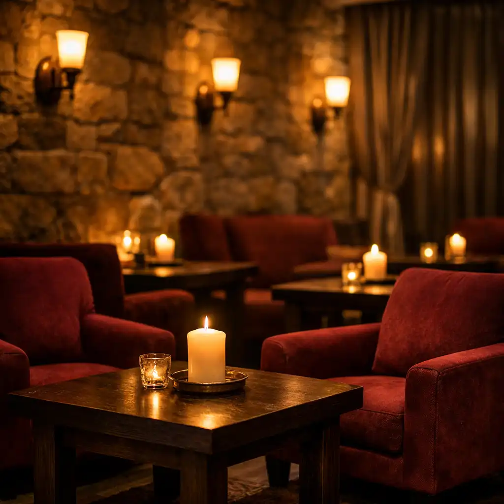 Wieczorna strefa lounge z fotelami, stolikami i ciepłym światłem lamp