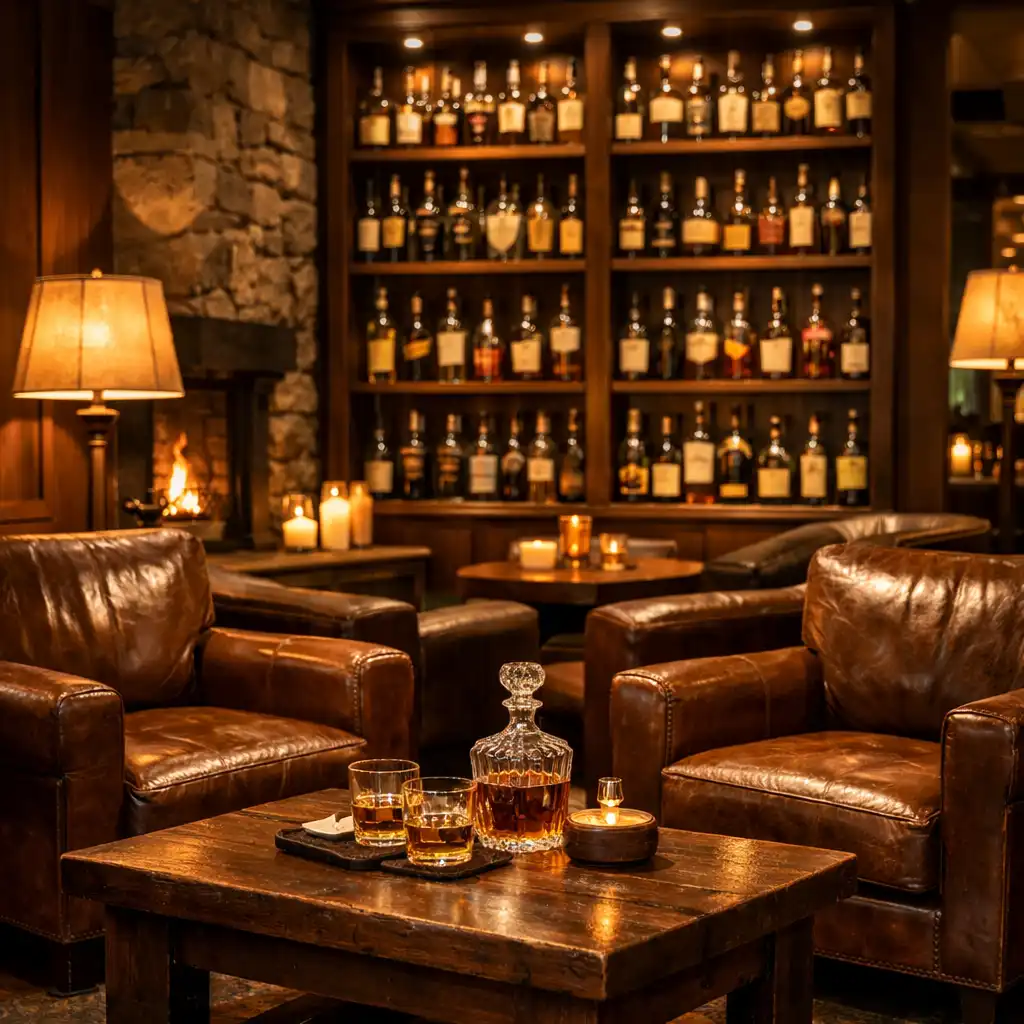 Przytulny wieczorny salon z skórzanymi fotelami, niskim stolikiem i kieliszkami whisky w ciepłym świetle